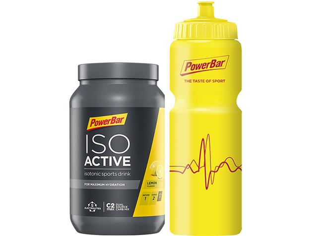 PowerBar Isoactive Sports Drink 600 g Bottle Onpack + Radflasche - lemon/yellow bottle