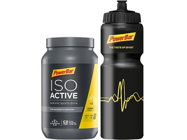 PowerBar Isoactive Sports Drink 600 g Bottle Onpack + Radflasche - lemon/black bottle